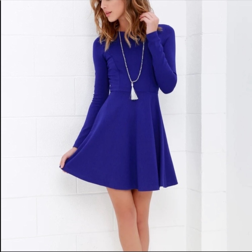 Lulus Cobalt Blue Long Sleeve Fit Flare Dress M